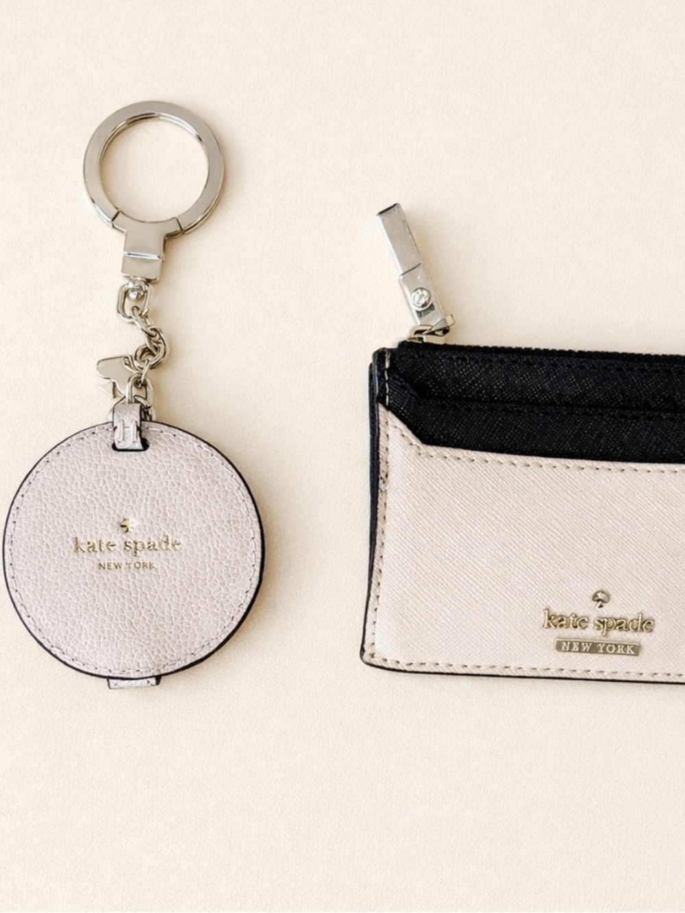 kate spade Cream and Black Card Holder with Round Key and mirror Fob
